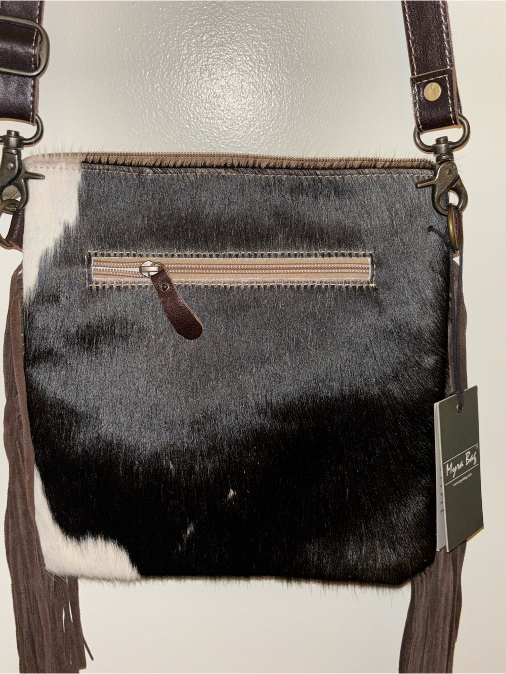 Myra Bag Black White & Brown Cowhide Crossbody with Tooled Leather Accent - Picture 4 of 6
